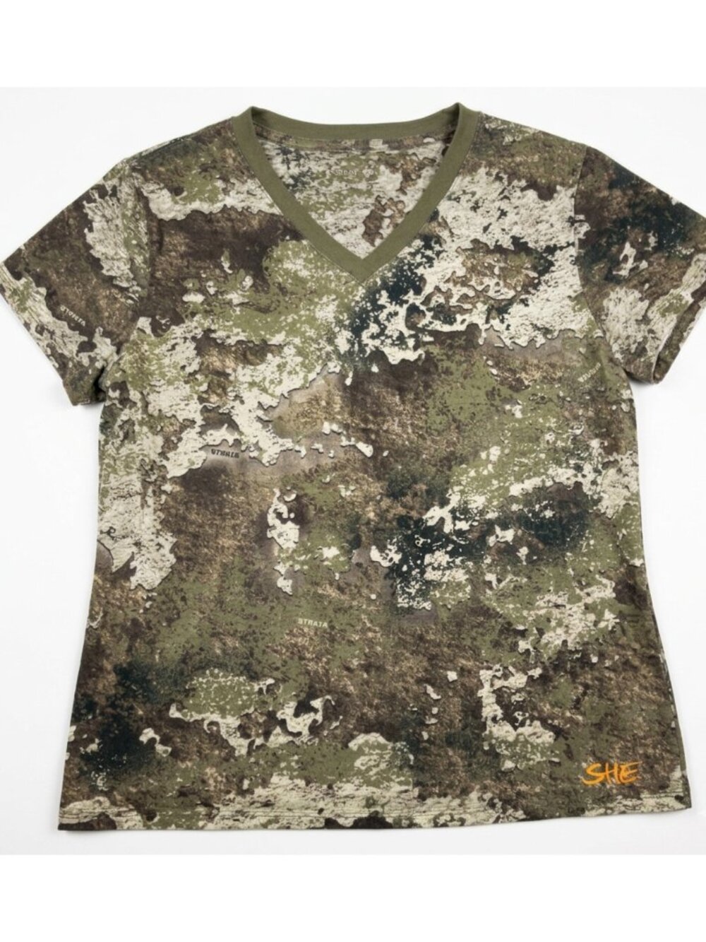 SHE Outdoor Womens Camo V-Neck T-Shirt Strata Pattern Short Sleeve Hunting Large